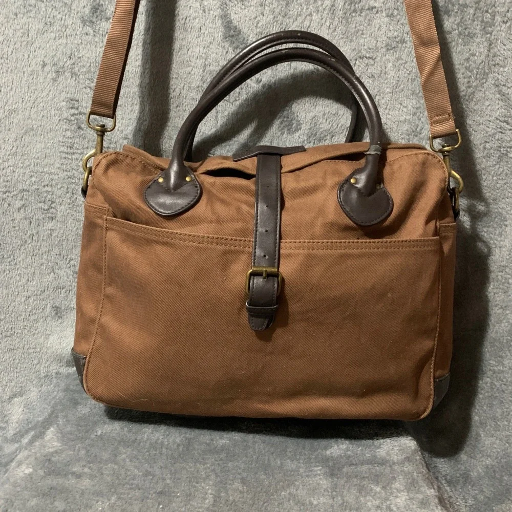 J. Crew Brown Canvas Messenger Bag Leather Trim Crossbody Satchel RN77388 Faw